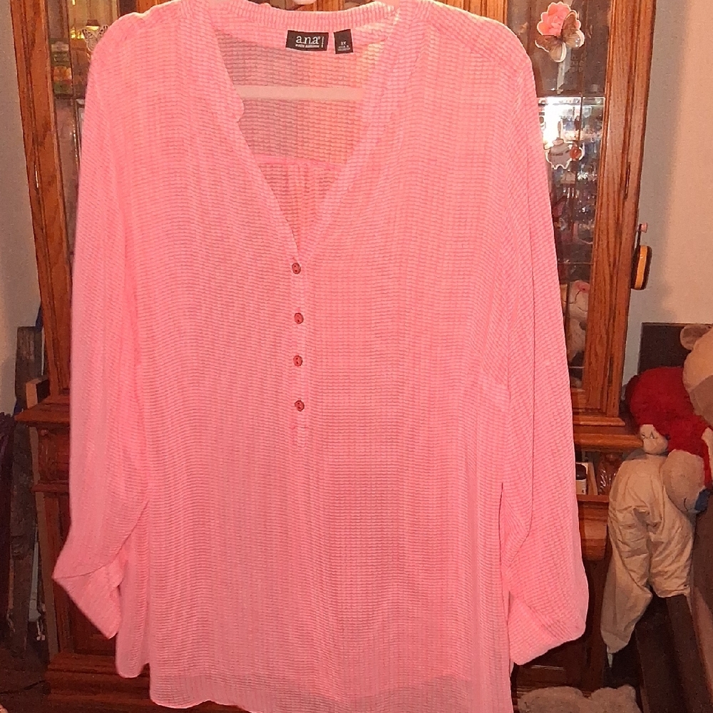 A.N.A Pink Long Sleeve Pleated Blouse with Mandarin Collar